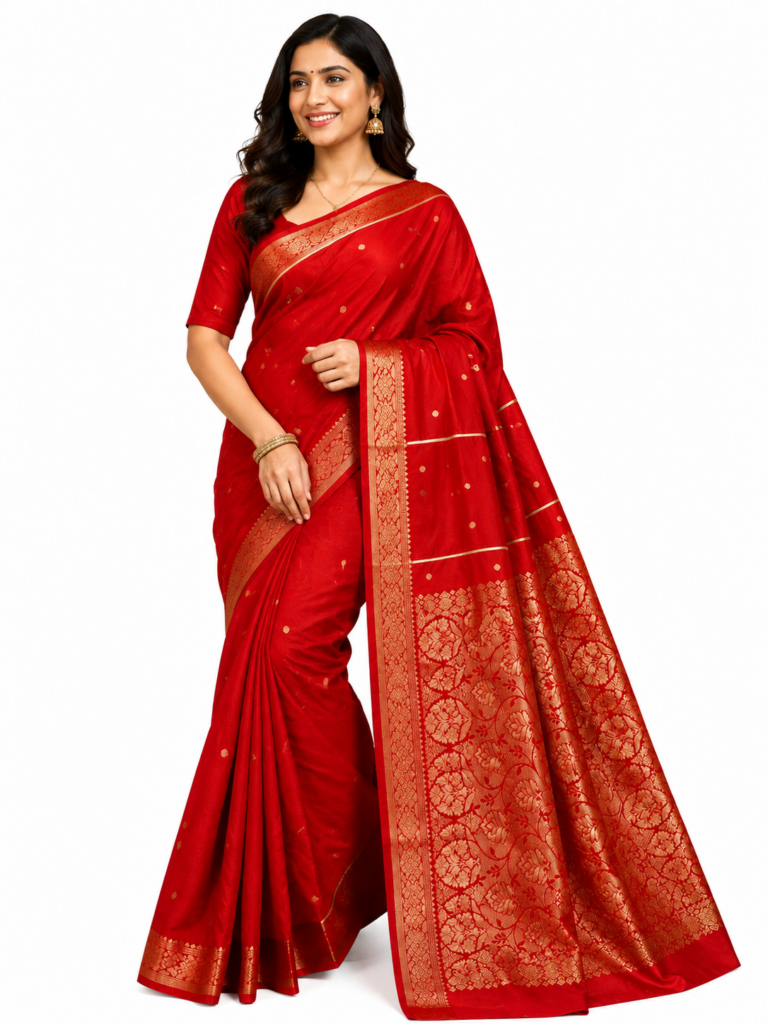 Premium Kanchipuram Silk Saree Red Bridal Banarasi Style Saree Traditional Indian Wedding Saree with Unstitched Blouse