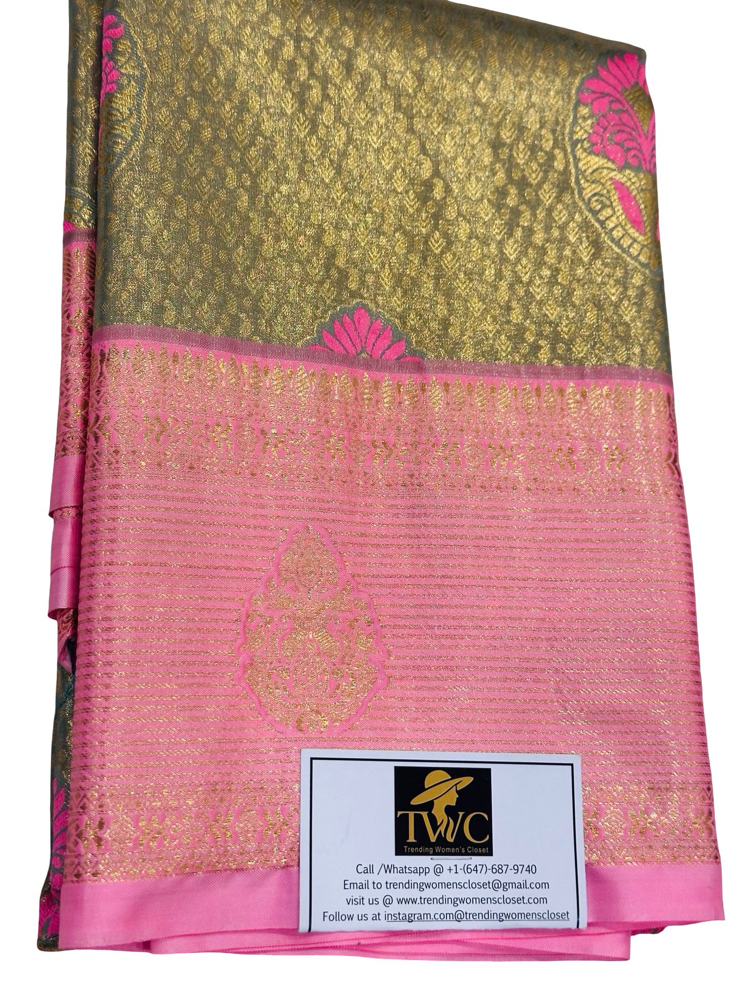 Kanchipuram Semi Silk Saree Olive Gold Pink Zari Saree Traditional Indian Wedding Saree Party Wear Unstitched Blouse - Image 2