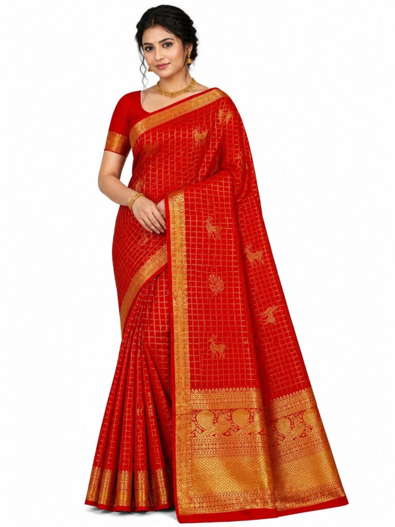 Premium Kanchipuram Silk Saree Red Gold Zari Traditional Bridal Saree South Indian Wedding Saree Unstitched Blouse