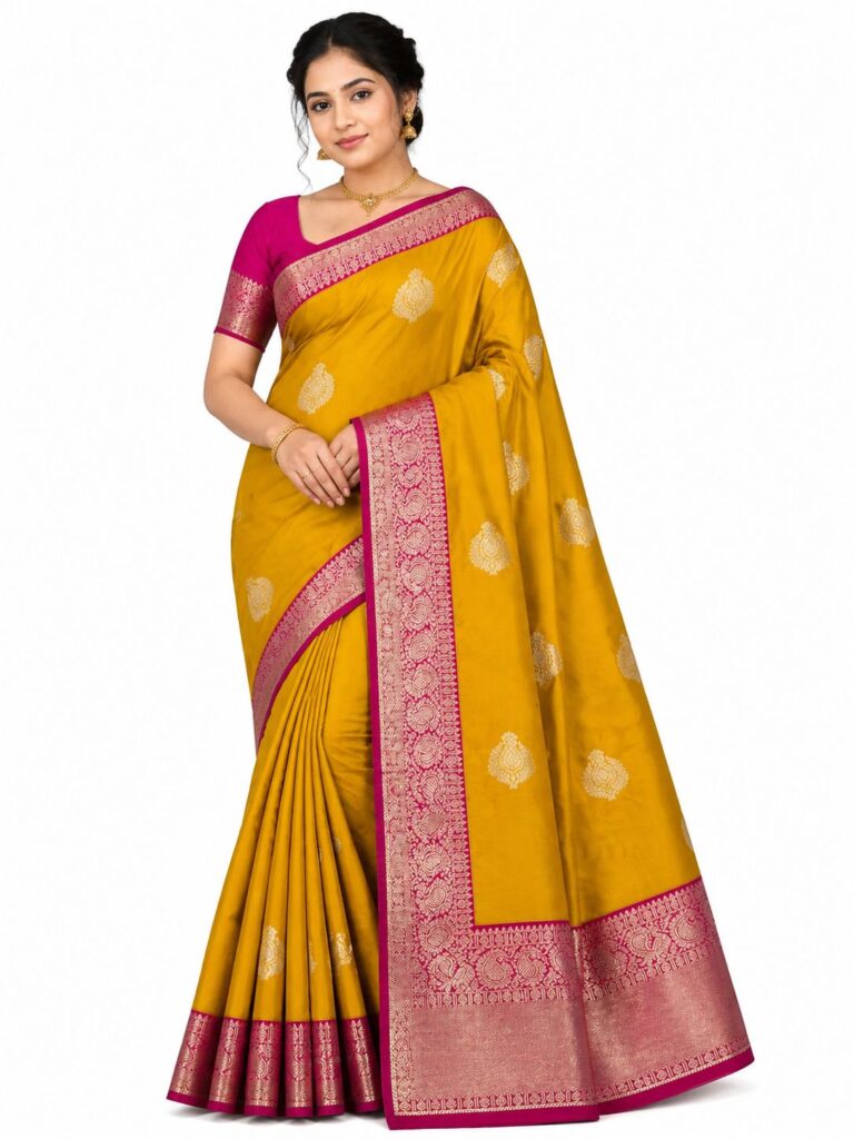 Mustard Yellow Kanchipuram Silk Saree Pink Zari Border Traditional Indian Wedding Saree Unstitched Blouse Gift
