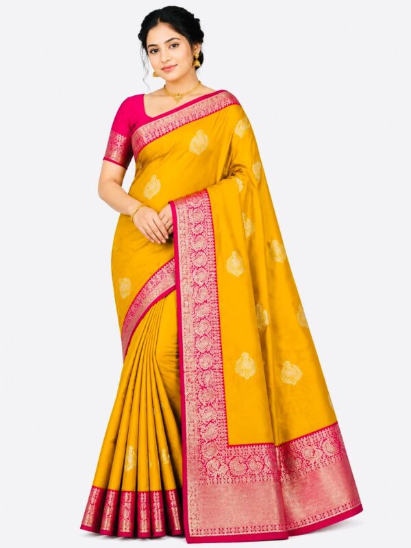 Mustard Yellow Pink Kanjivaram Silk Saree, South Indian Wedding Saree, Traditional Zari Saree, Festive Saree