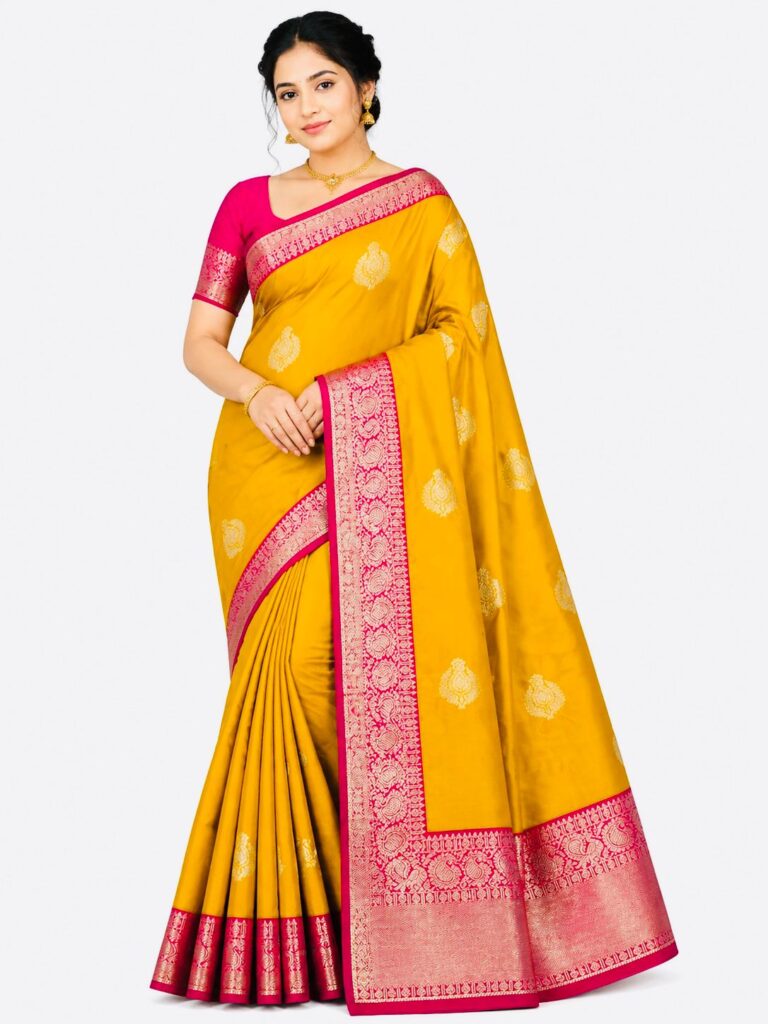 Mustard Yellow Pink Kanjivaram Silk Saree, South Indian Wedding Saree, Traditional Zari Saree, Festive Saree