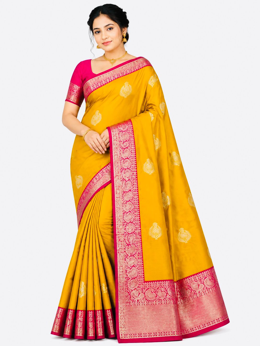 Mustard Yellow Pink Kanjivaram Silk Saree, South Indian Wedding Saree, Traditional Zari Saree, Festive Saree - Image 1