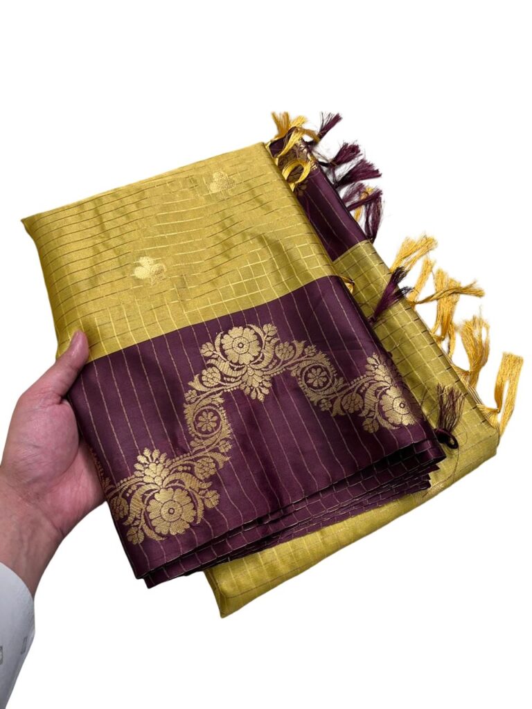 Mustard Gold Kattan Silk Saree with Purple Zari Border, Traditional Indian Silk Saree, Wedding Party Wear Saree