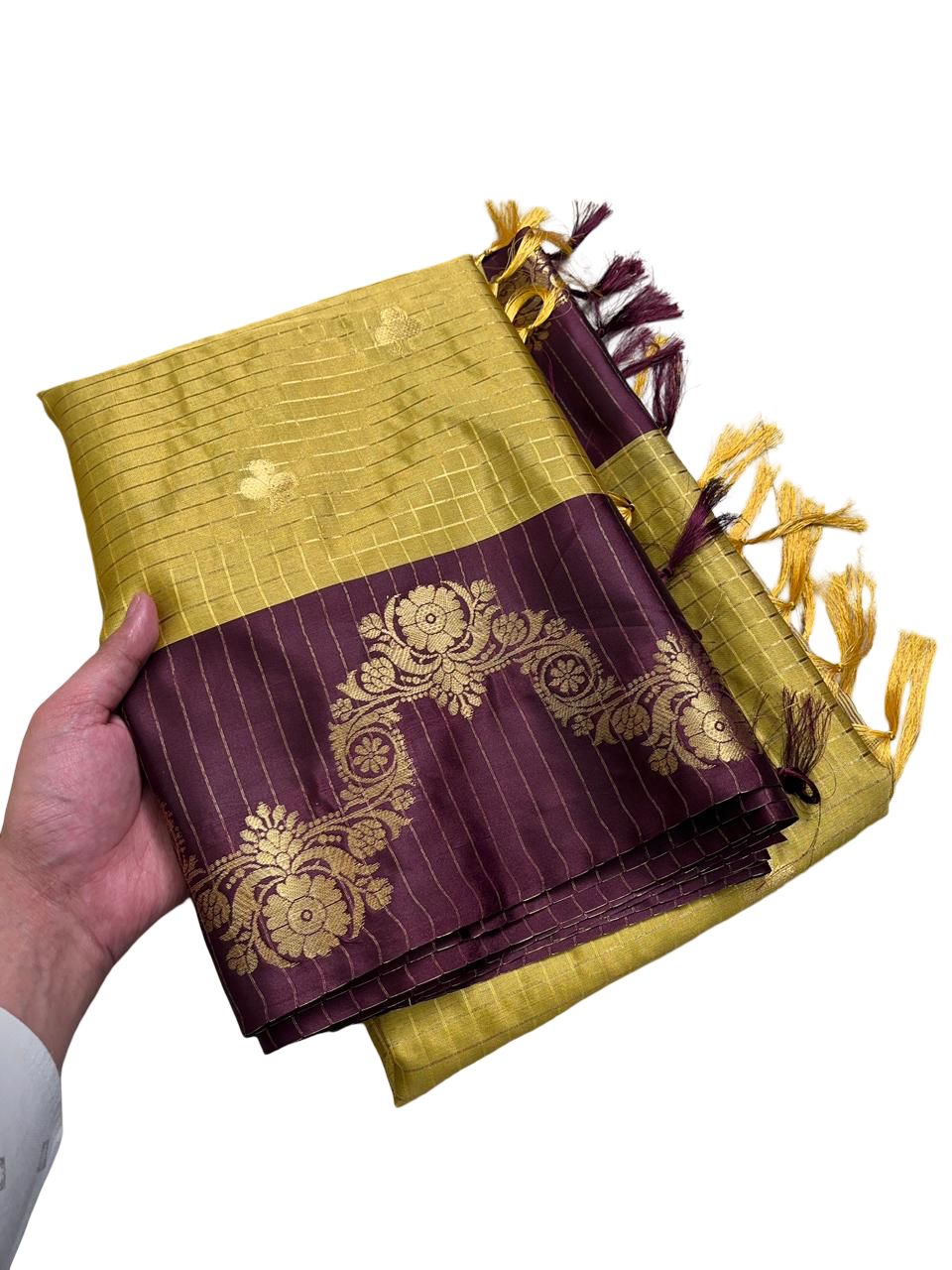 Mustard Gold Kattan Silk Saree with Purple Zari Border, Traditional Indian Silk Saree, Wedding Party Wear Saree - Image 3