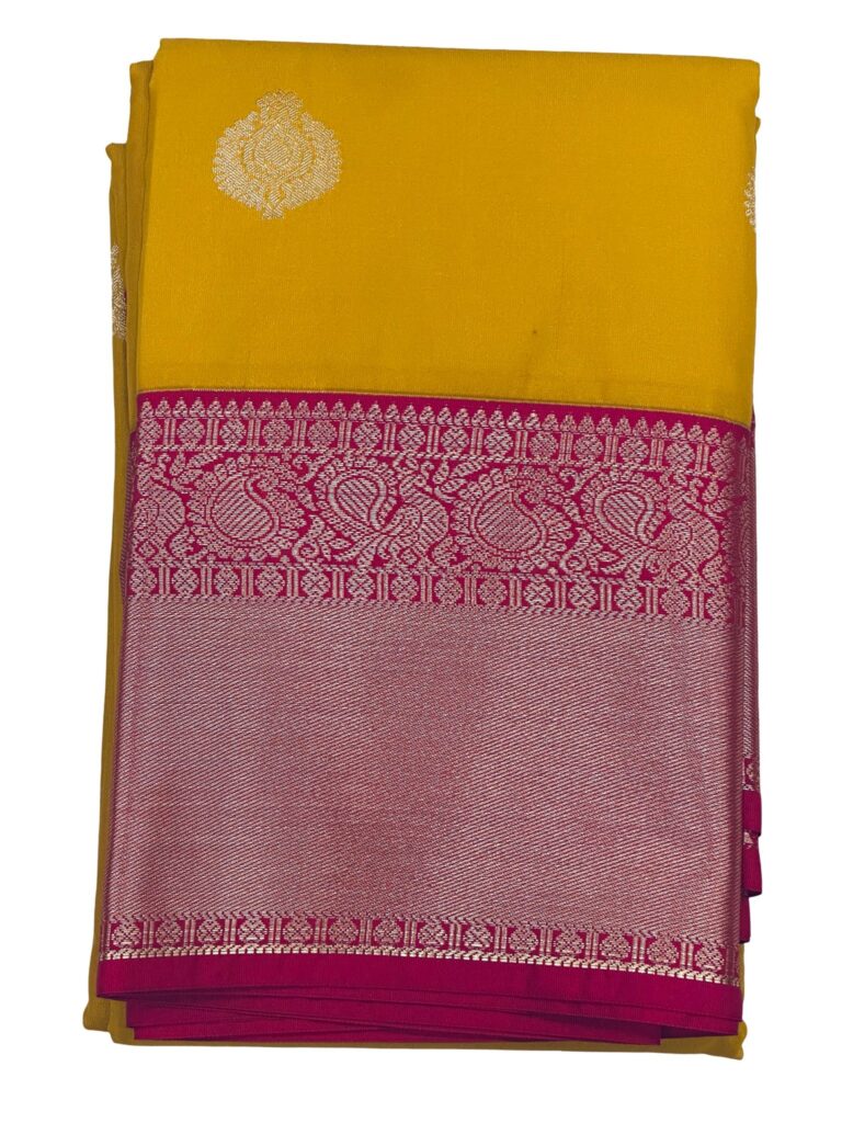 Mustard Yellow Kanchipuram Silk Saree Pink Zari Border Traditional Indian Wedding Saree Unstitched Blouse Gift