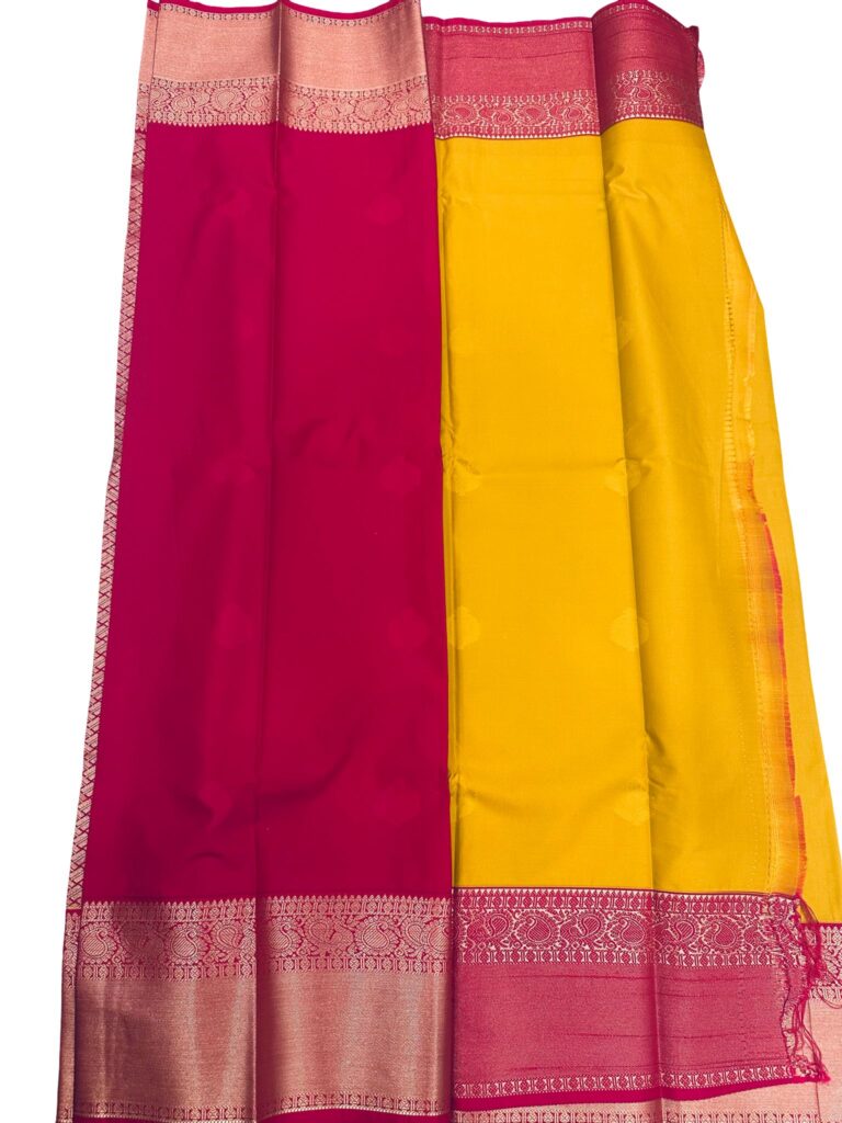 Mustard Yellow Kanchipuram Silk Saree Pink Zari Border Traditional Indian Wedding Saree Unstitched Blouse Gift
