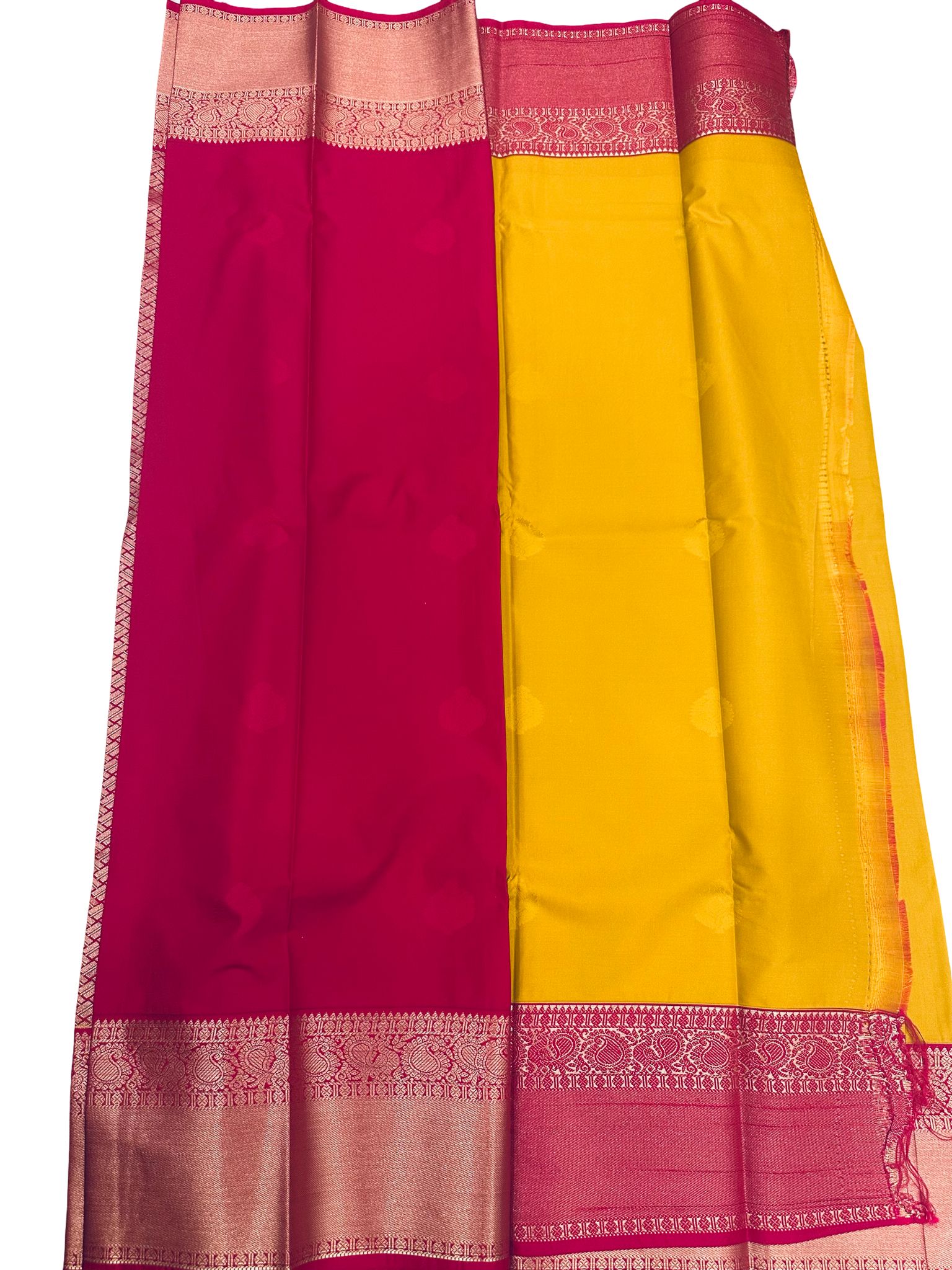 Mustard Yellow Kanchipuram Silk Saree Pink Zari Border Traditional Indian Wedding Saree Unstitched Blouse Gift - Image 2