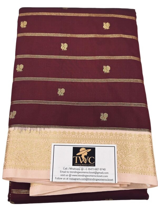 Kanchipuram Semi Silk Saree Maroon Gold Zari Border Traditional South Indian Saree Wedding Saree Unstitched Blouse - Image 5