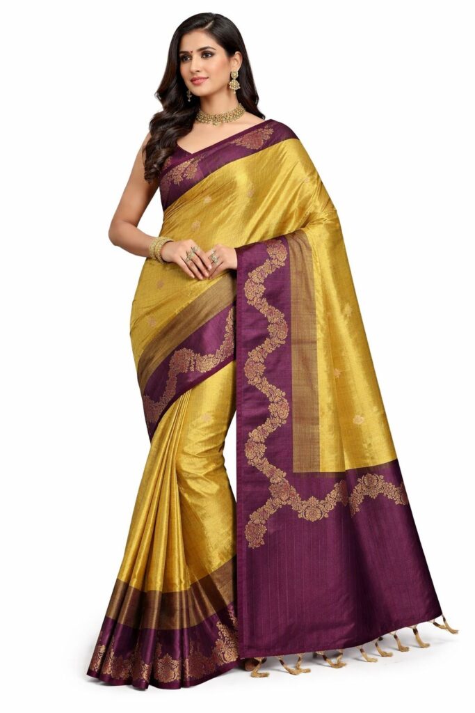 Mustard Gold Kattan Silk Saree with Purple Zari Border, Traditional Indian Silk Saree, Wedding Party Wear Saree