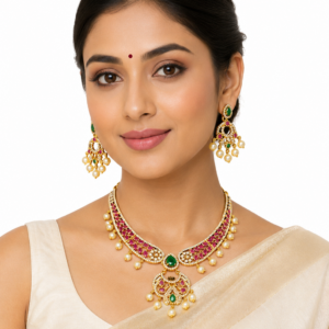 Gold Plated Ruby Emerald Short Necklace Set with Earrings, Indian Imitation Jewellery, Pearl Bridal Choker Jewelry