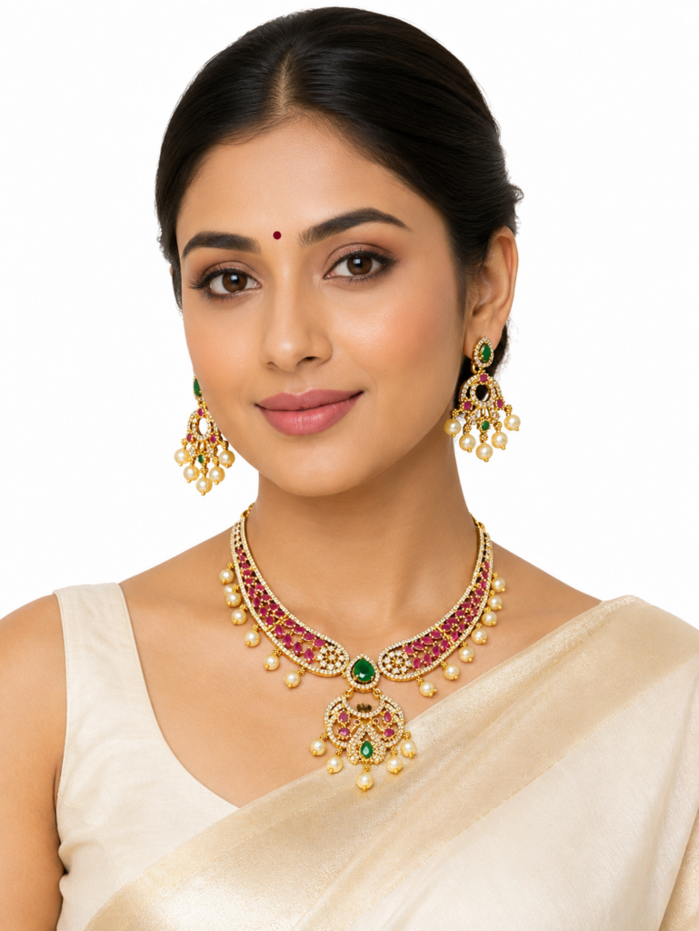 Gold Plated Ruby Emerald Short Necklace Set with Earrings, Indian Imitation Jewellery, Pearl Bridal Choker Jewelry