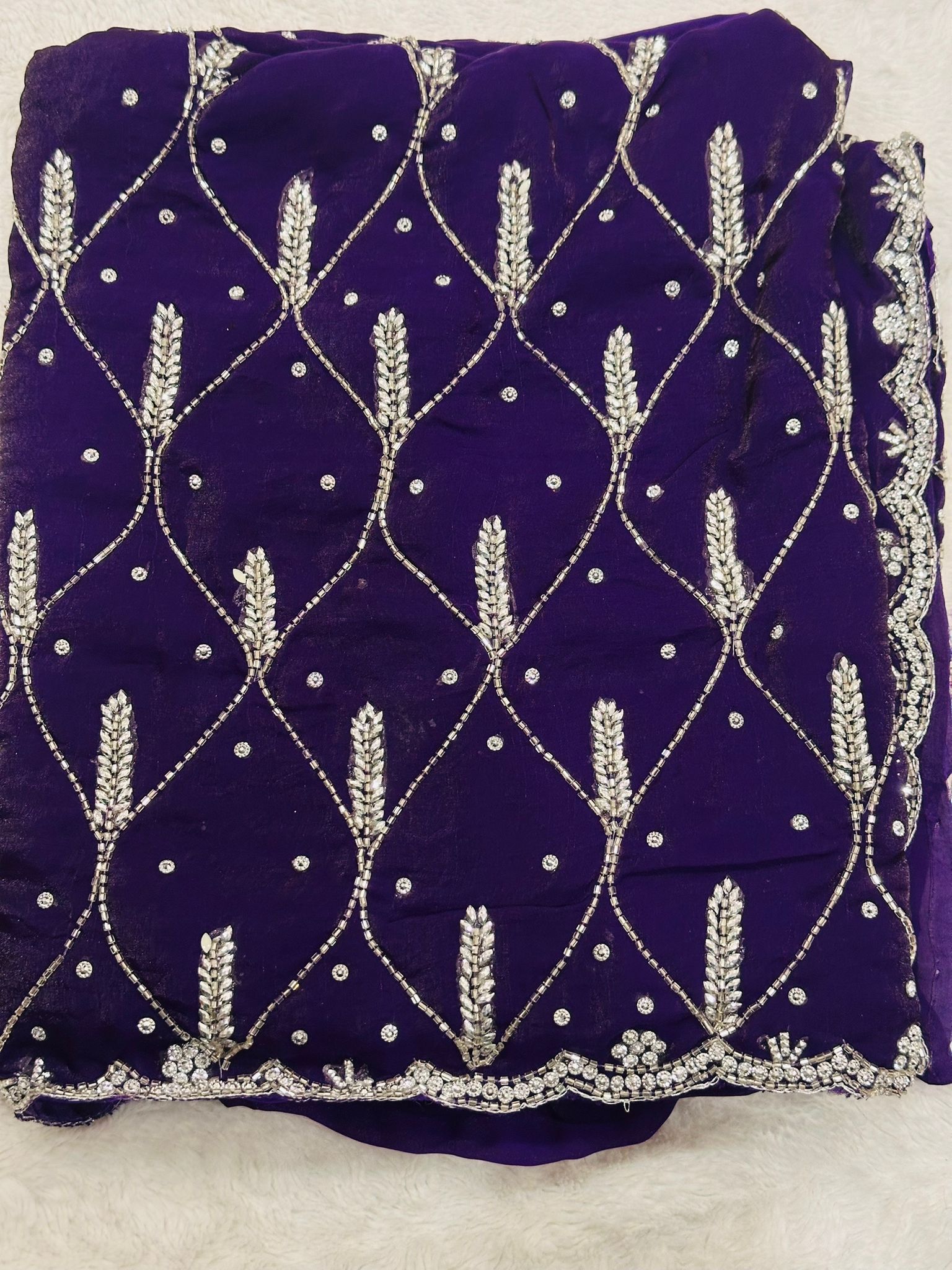 Premium Purple Space Silk Saree with Silver Embroidery, Unstitched Blouse, Designer Party Wear Indian Saree - Image 2