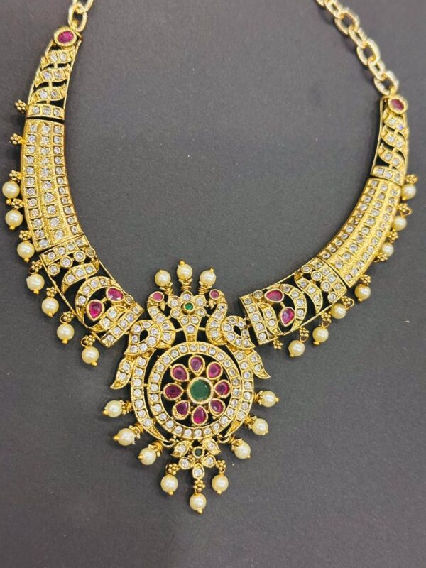 Kemp Necklace Set with Earrings, South Indian Temple Jewelry, Gold Plated Bridal Necklace, Ruby Green Stone Jewelry - Image 3