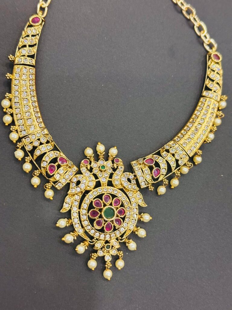 Kemp Necklace Set with Earrings, South Indian Temple Jewelry, Gold Plated Bridal Necklace, Ruby Green Stone Jewelry