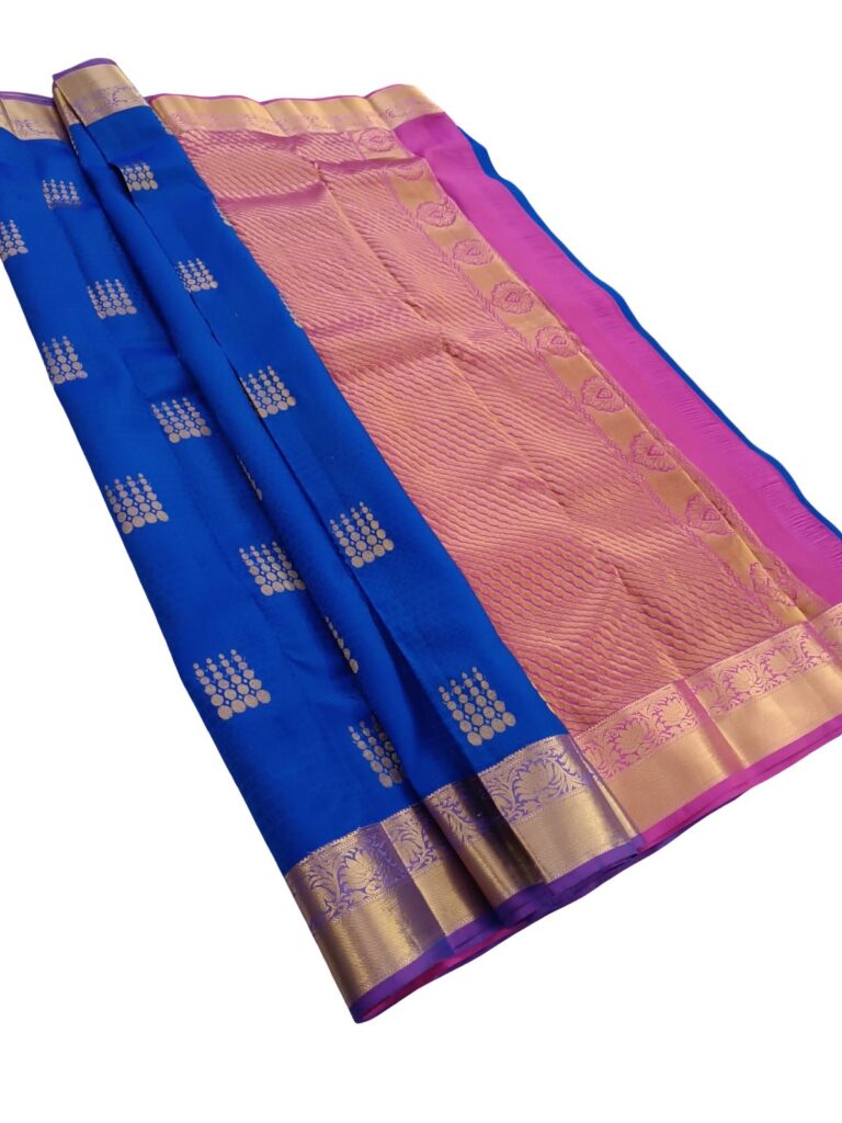 Pure Silk Kanjivaram Handloom Saree Silk Mark Certified Royal Blue Pink Zari Butta Bridal Wedding Traditional South Indian Saree