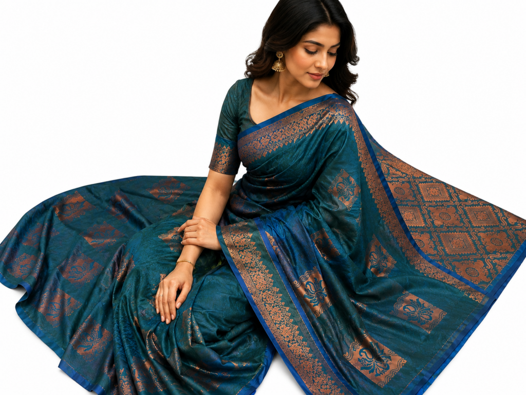 Teal Blue Soft Silk Saree with Copper Zari Border, Traditional Indian Party Wear Saree, Wedding Festive Saree Women