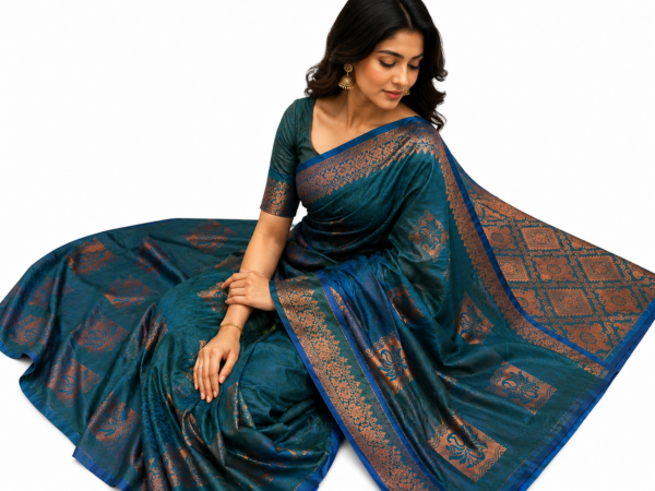 Teal Blue Soft Silk Saree with Copper Zari Border, Traditional Indian Party Wear Saree, Wedding Festive Saree Women