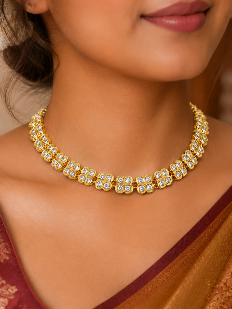Impon Attigai Necklace for Women | Traditional South Indian Gold Polish Choker | CZ Stone Bridal Temple Jewelry