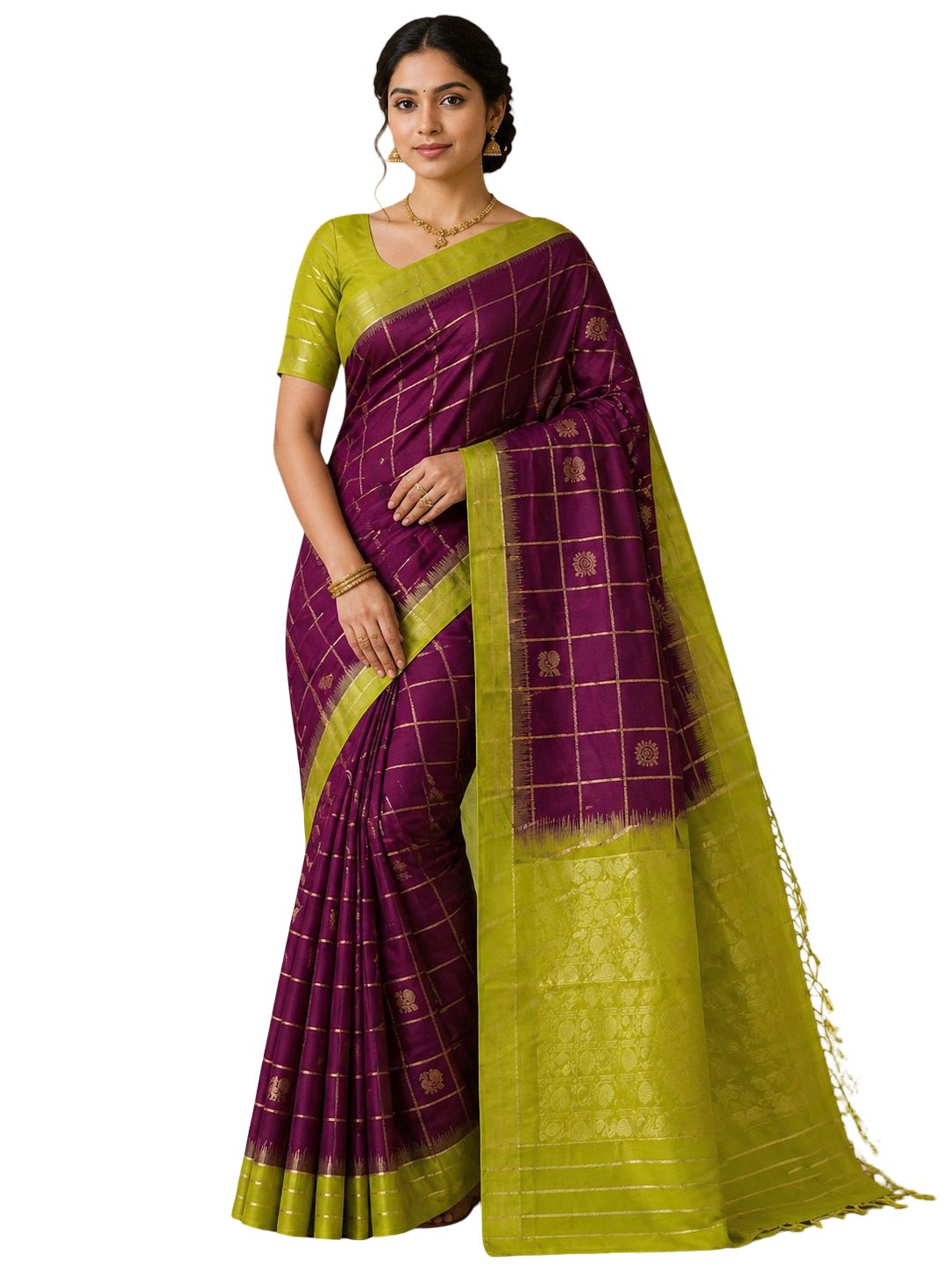 Pure Silk Kanjivaram Saree Silk Mark Certified Purple Green Contrast Bridal South Indian Wedding Traditional Handloom Saree - Image 1