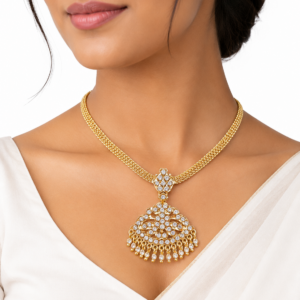 Impon Attigai Necklace Gold Plated Bridal Jewelry CZ Stone South Indian Traditional Necklace