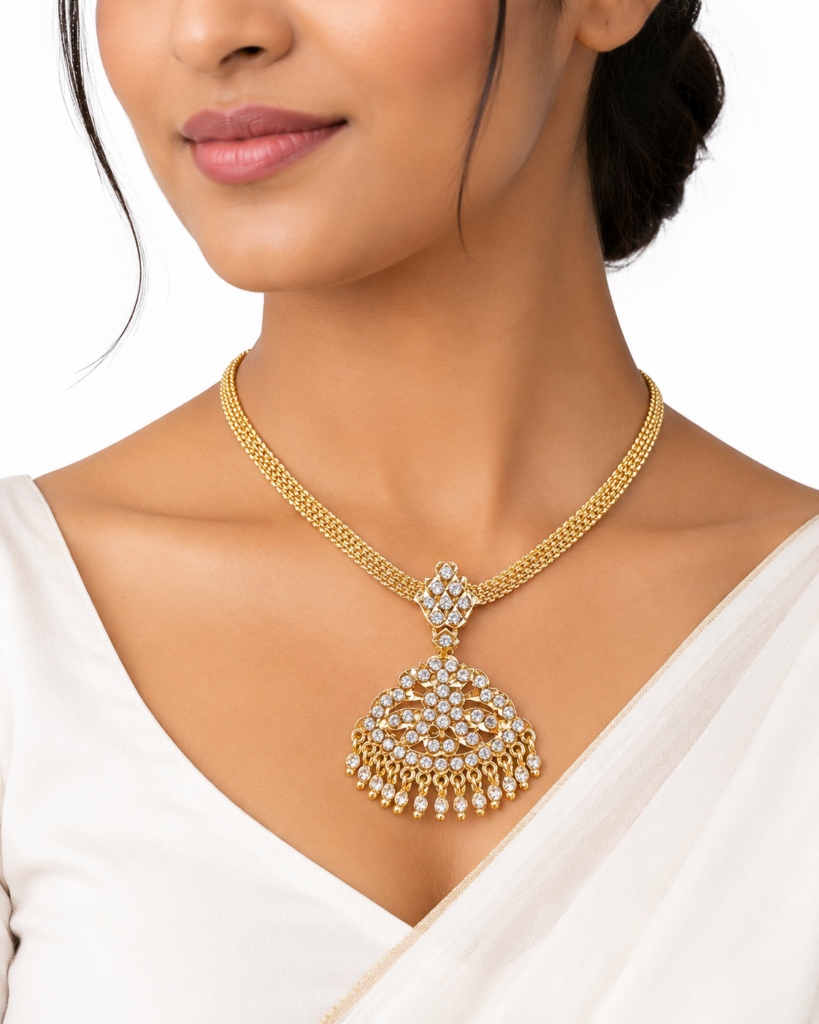 Impon Attigai Necklace Gold Plated Bridal Jewelry CZ Stone South Indian Traditional Necklace