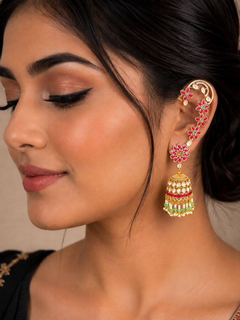 Oversized Jadau Kundan Earrings Indian Bridal Jhumka Gold Tone Ruby Green Stone Statement Earrings Wedding Jewelry