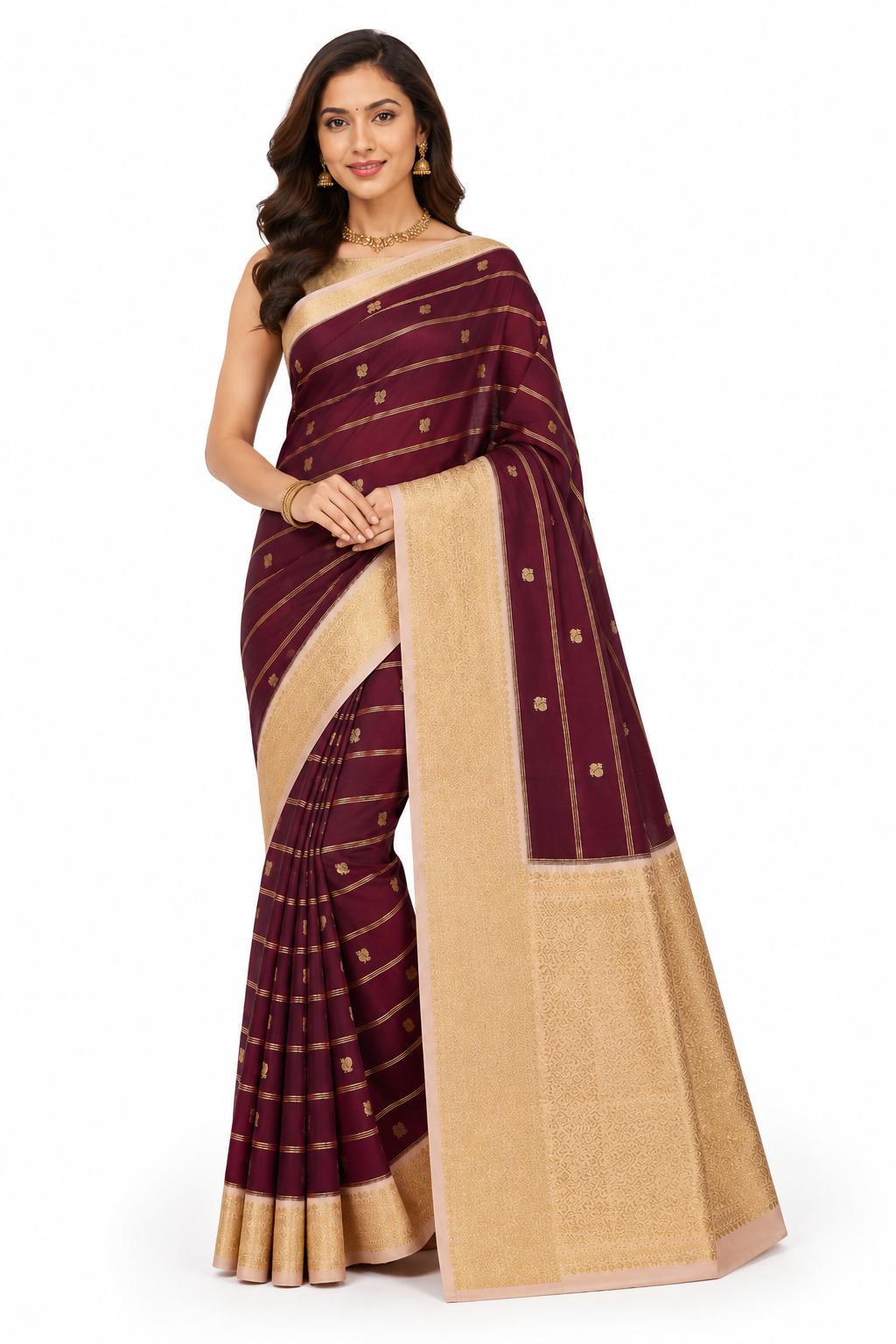 Kanchipuram Semi Silk Saree Maroon Gold Zari Border Traditional South Indian Saree Wedding Saree Unstitched Blouse - Image 1