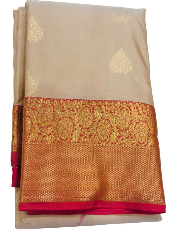 Pure Silk Kanjivaram Saree Gold Beige Red Border Bridal South Indian Wedding Saree Handwoven Silk Saree Traditional Pattu Saree - Image 4