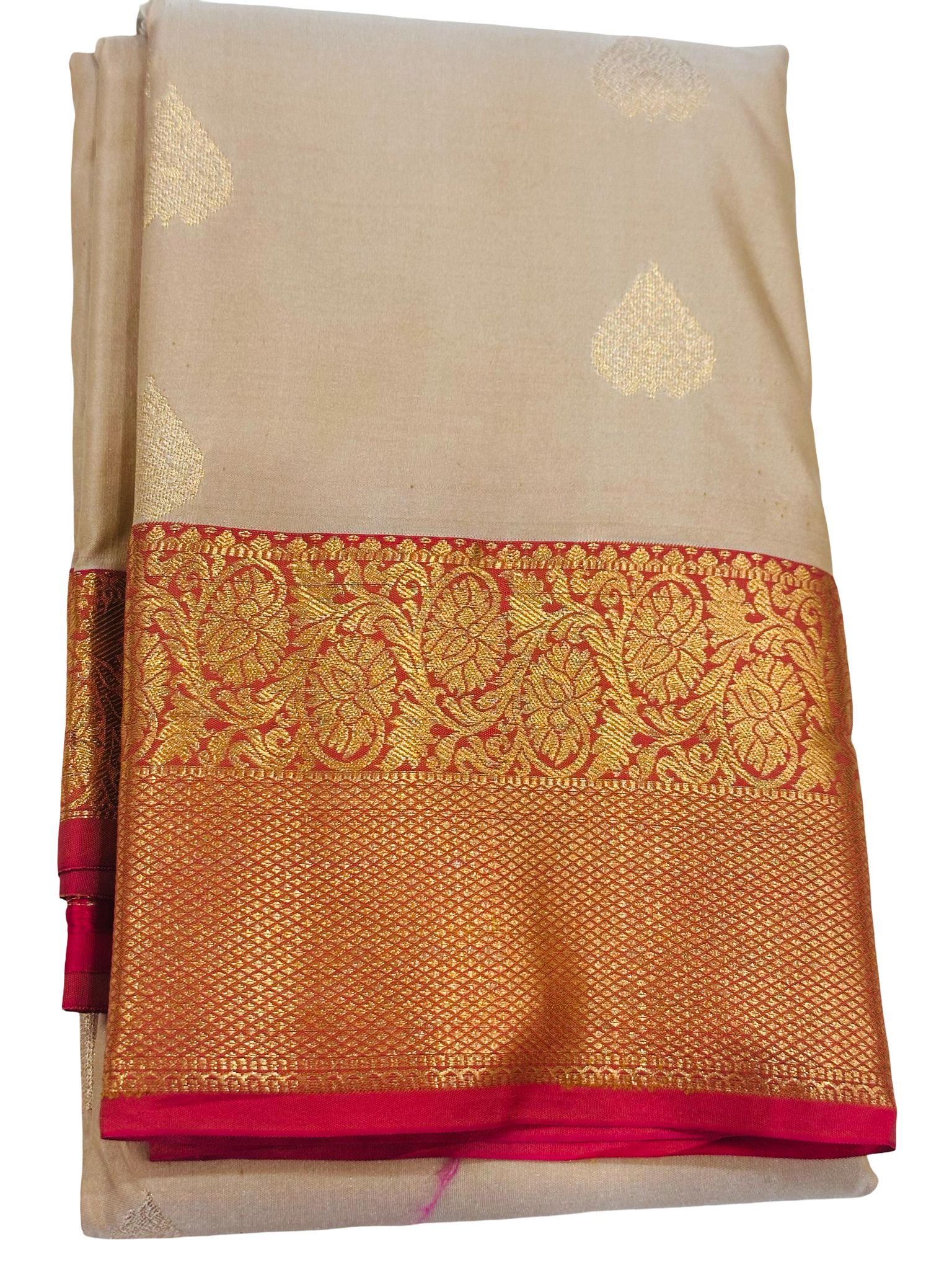 Pure Silk Kanjivaram Saree Gold Beige Red Border Bridal South Indian Wedding Saree Handwoven Silk Saree Traditional Pattu Saree - Image 4
