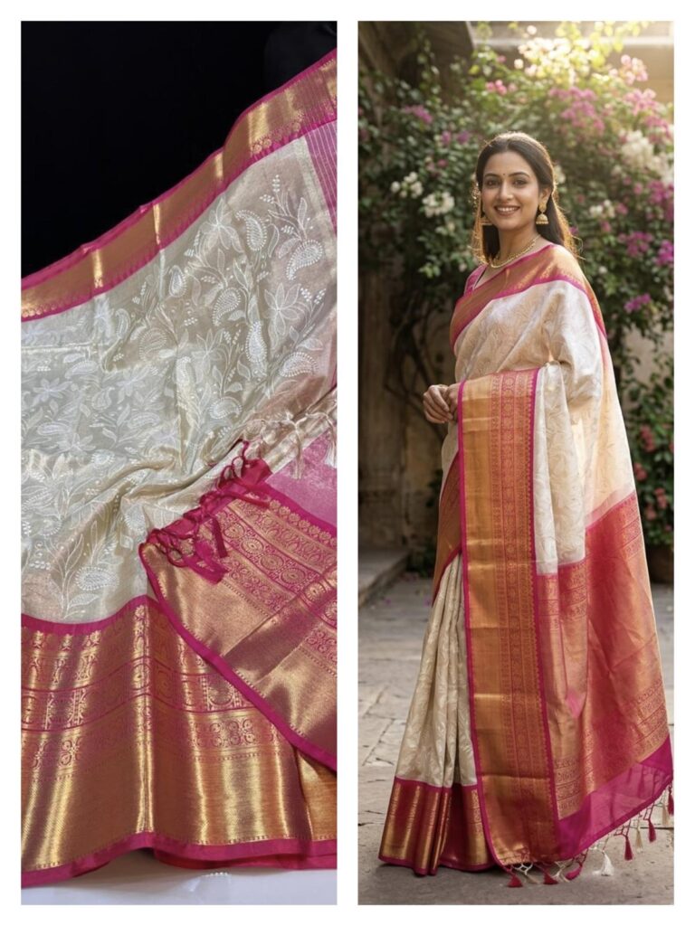 Ivory Pink Tissue Silk Saree for Women, Gold Zari Border Indian Saree, Wedding Festive Traditional Ethnic Saree