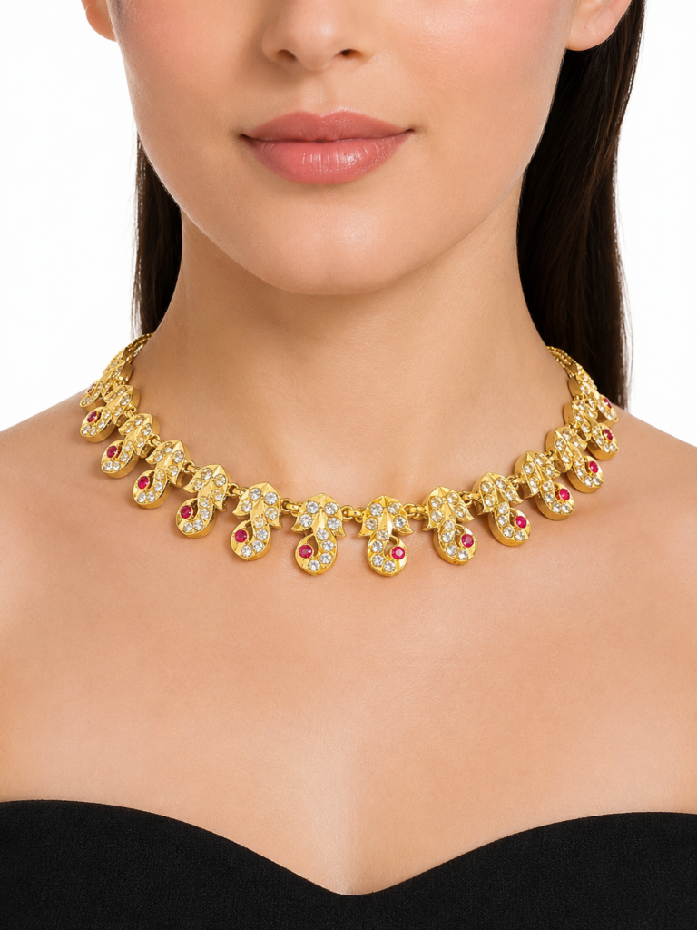 Impon Gold Plated Choker Necklace, South Indian Bridal Jewelry, Ruby White Stone Attigai, Temple Style Necklace