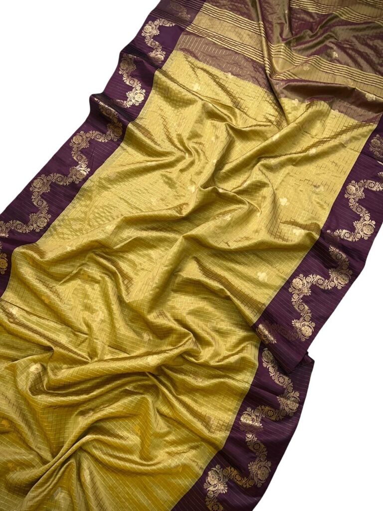 Mustard Gold Kattan Silk Saree with Purple Zari Border, Traditional Indian Silk Saree, Wedding Party Wear Saree