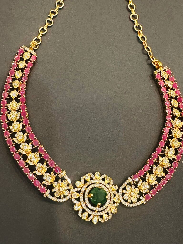 Ruby Emerald Necklace Set, Indian Bridal Jewelry, Gold Plated Choker Set, Wedding Necklace Earrings, Traditional Jewelry