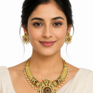 Kemp Necklace Set with Earrings, South Indian Temple Jewelry, Gold Plated Bridal Necklace, Ruby Green Stone Jewelry