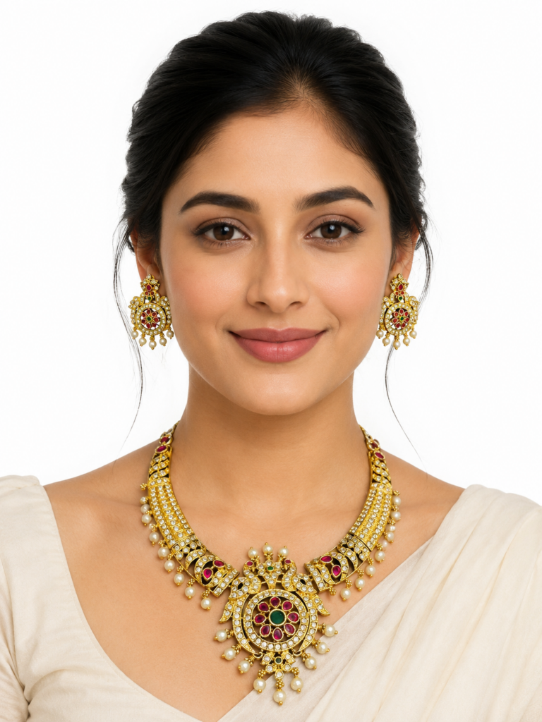 Kemp Necklace Set with Earrings, South Indian Temple Jewelry, Gold Plated Bridal Necklace, Ruby Green Stone Jewelry