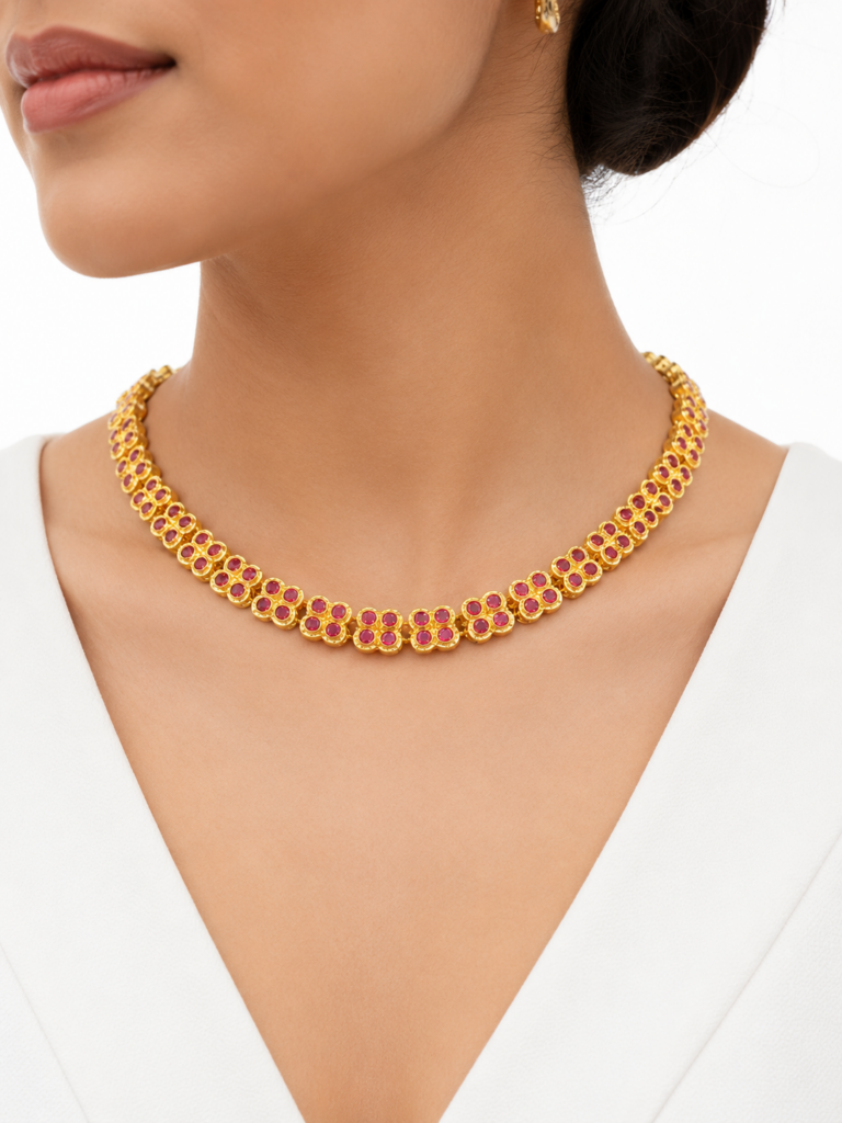 Impon Attigai Necklace Ruby Red Stone Choker Gold Plated South Indian Bridal Jewelry