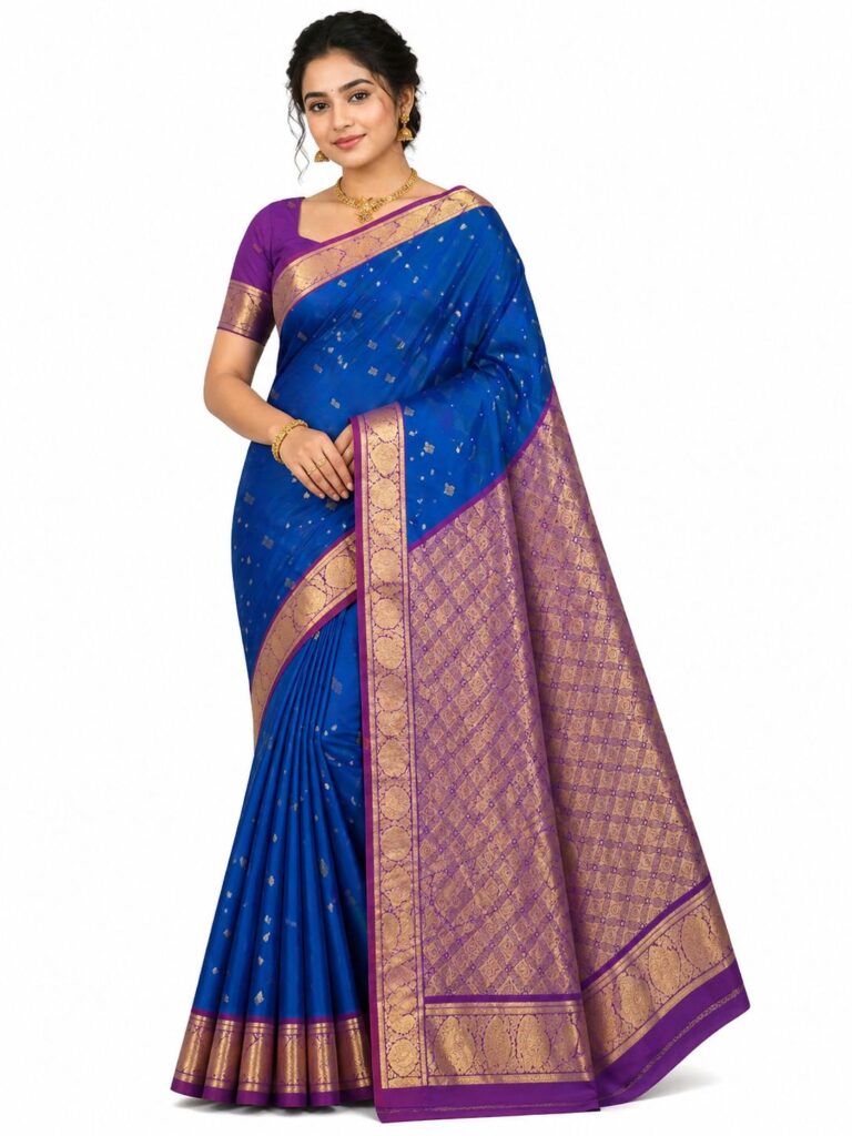 Pure Kanchipuram Silk Saree Navy Blue Purple Silk Mark Certified Bridal Saree Traditional Indian Wedding Saree