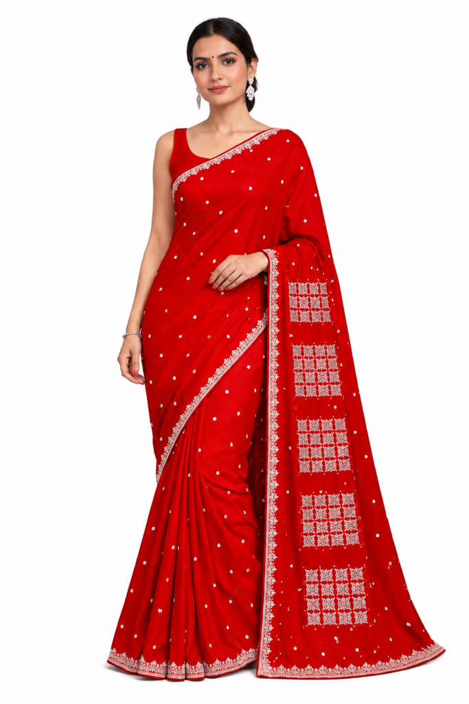 Red Premium Space Silk Saree with Silver Embroidery, Designer Party Wear Indian Saree, Wedding Festive Saree