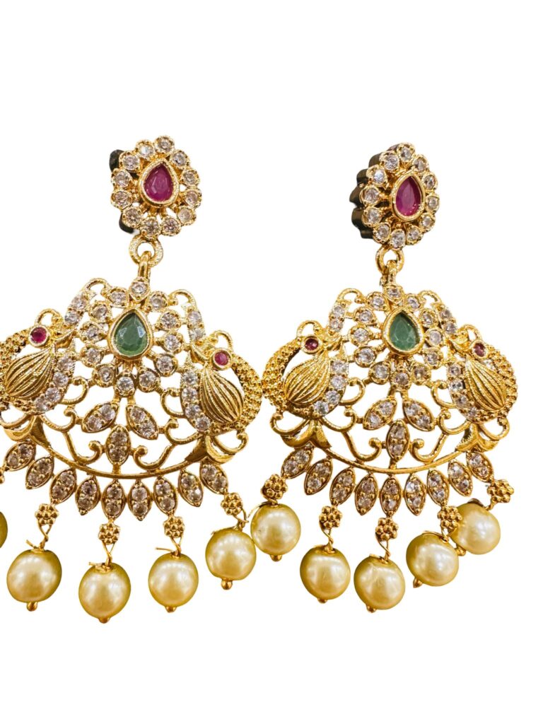 Gold Plated Short Necklace Set with Earrings, Peacock Design CZ Necklace, Pearl Drop Indian Bridal Jewelry Set