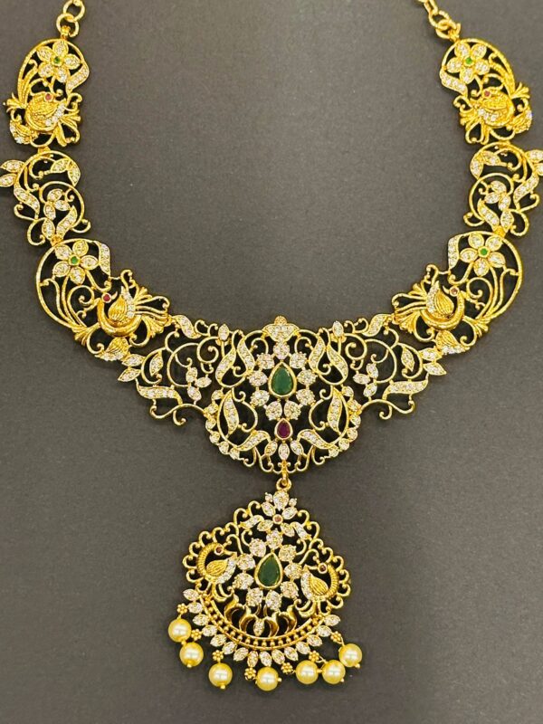 Gold Plated Short Necklace Set with Earrings, Peacock Design CZ Necklace, Pearl Drop Indian Bridal Jewelry Set - Image 3