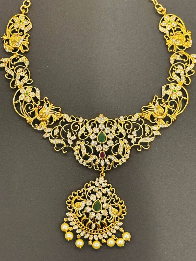 Gold Plated Short Necklace Set with Earrings, Peacock Design CZ Necklace, Pearl Drop Indian Bridal Jewelry Set
