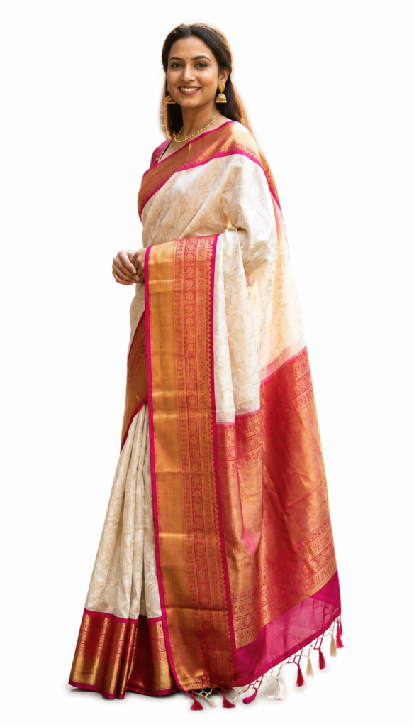 Ivory Pink Tissue Silk Saree for Women, Gold Zari Border Indian Saree, Wedding Festive Traditional Ethnic Saree