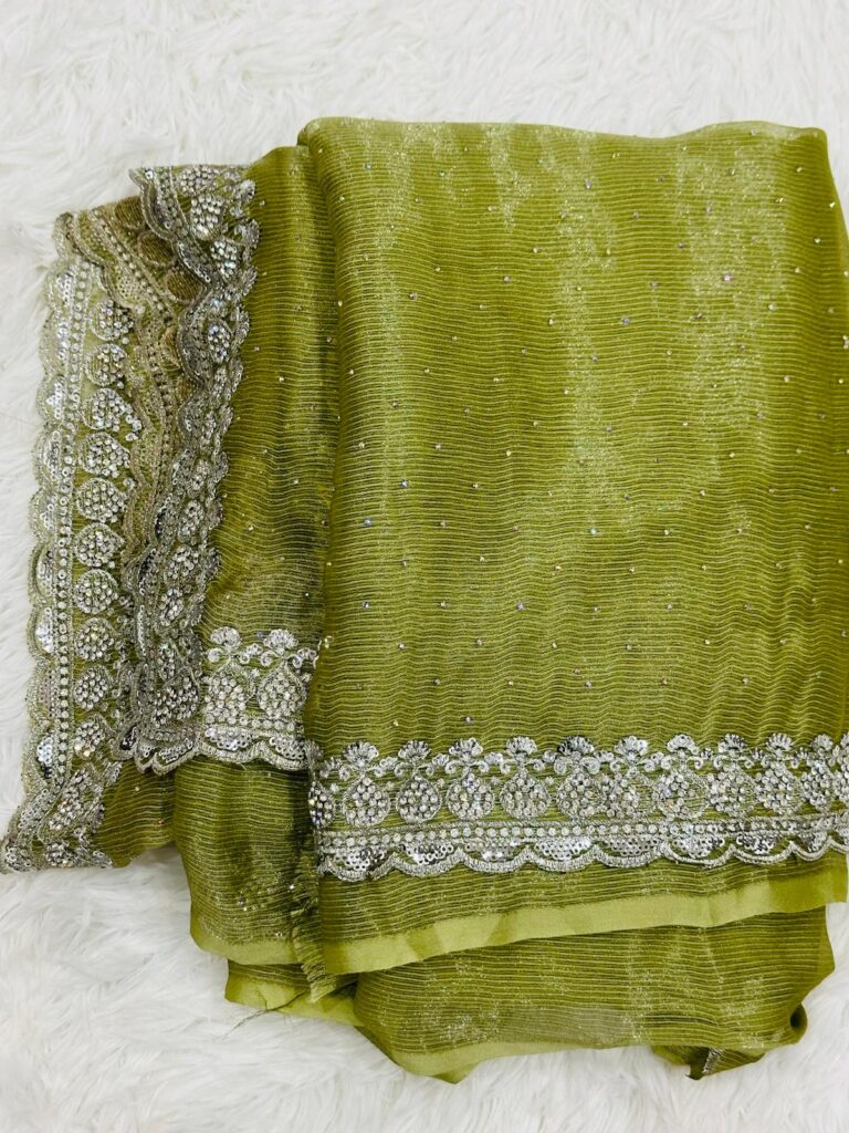 Olive Green Stone Work Saree for Women, Party Wear Designer Saree, Shimmer Saree with Embroidery Border and Blouse