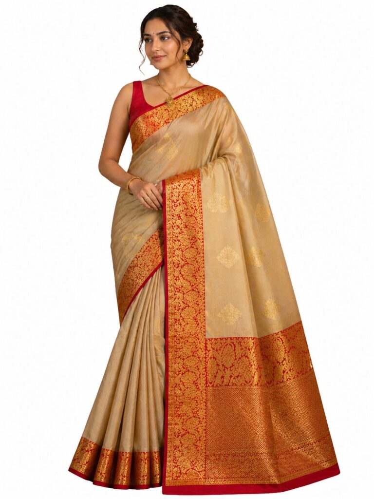 Pure Silk Kanjivaram Saree Gold Beige Red Border Bridal South Indian Wedding Saree Handwoven Silk Saree Traditional Pattu Saree