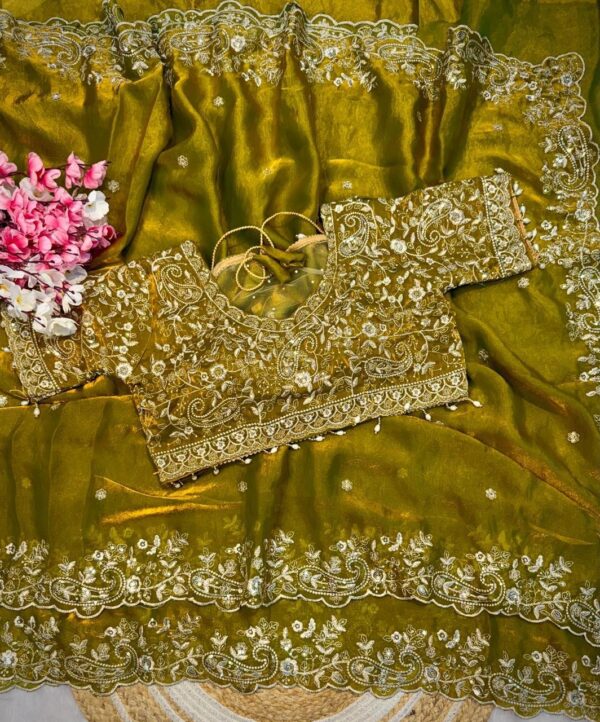 Olive Green Space Silk Saree with Heavy Embroidered Blouse, Designer Party Wear Saree, Wedding Guest Saree - Image 2