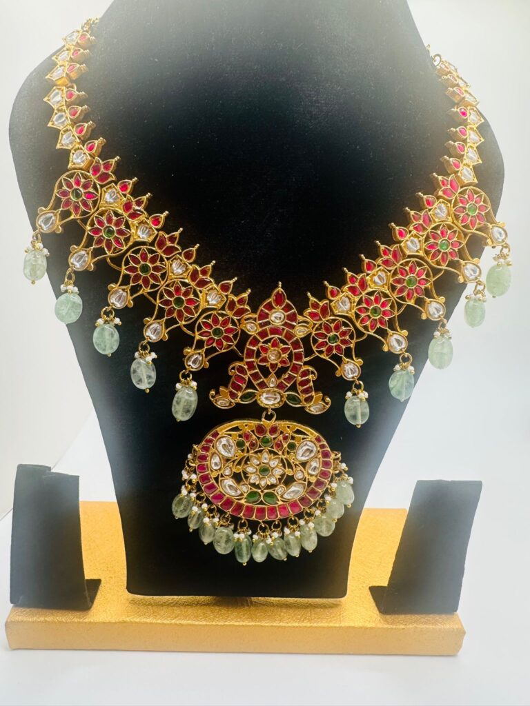 Jadau Kundan Necklace Bridal Indian Jewelry, Temple Style Statement Necklace, Ruby Green Stone Gold Choker, Wedding Necklace