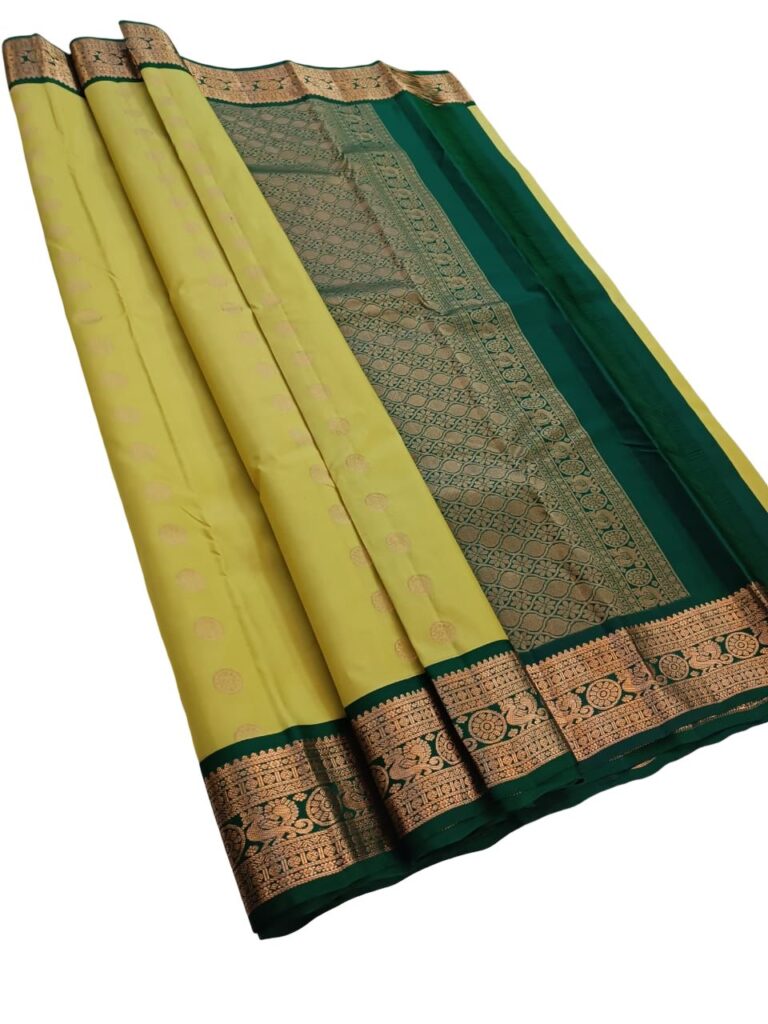 Silk Mark Certified Kanjivaram Silk Saree Lime Yellow Green Handloom Pure Silk Bridal Saree Gold Zari Border Traditional Wedding Wear