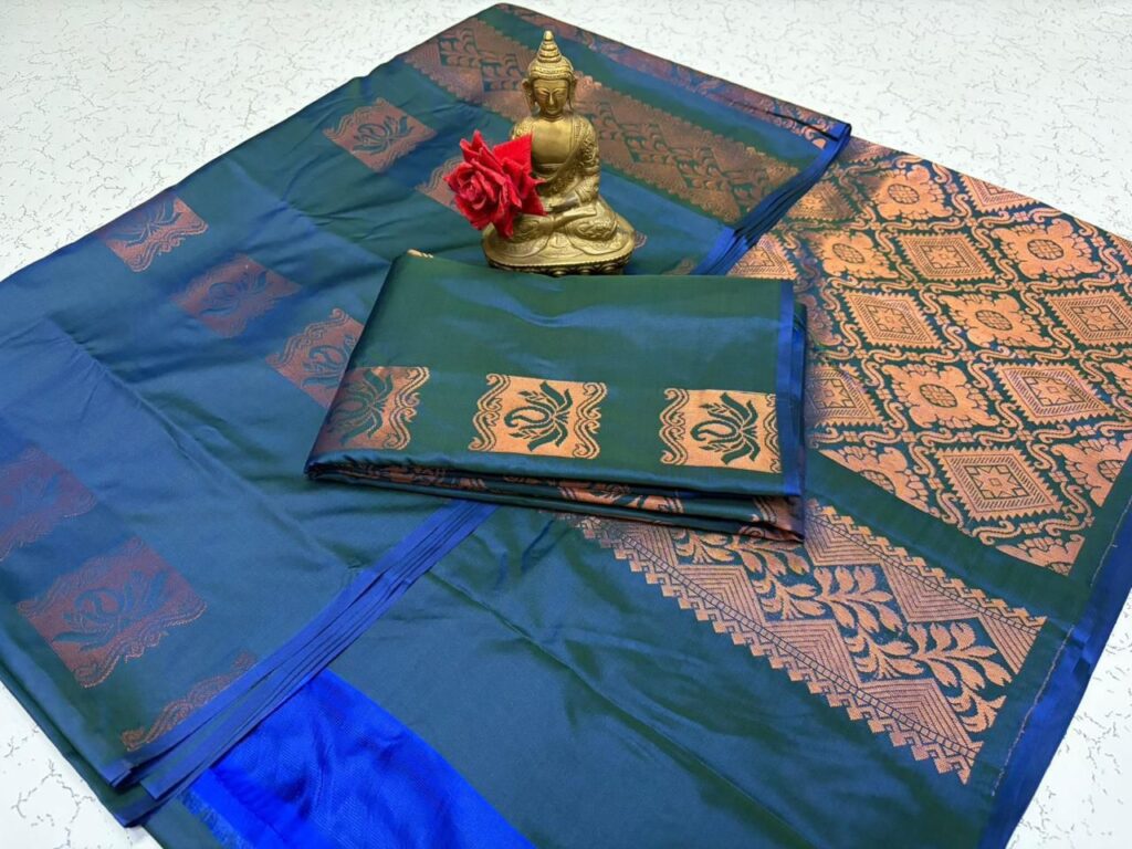 Teal Blue Soft Silk Saree with Copper Zari Border, Traditional Indian Party Wear Saree, Wedding Festive Saree Women