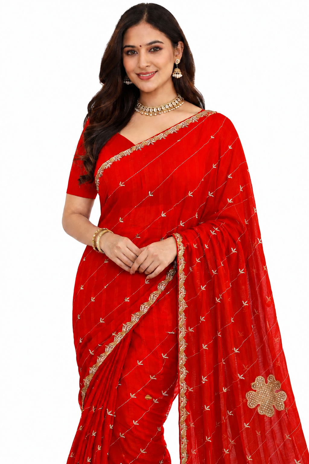 Red Crushed Georgette Saree for Women, Designer Party Wear Saree, Lightweight Indian Saree with unstitched Blouse Piece - Image 1